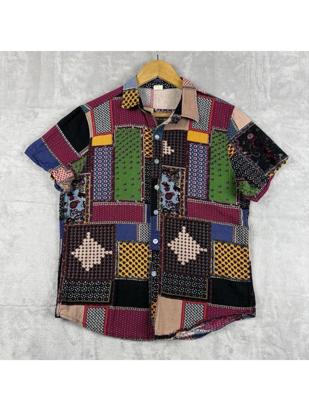 Vintage Patchwork Abstract Casual Button Up Shirt Colorblock Festival Top Size M